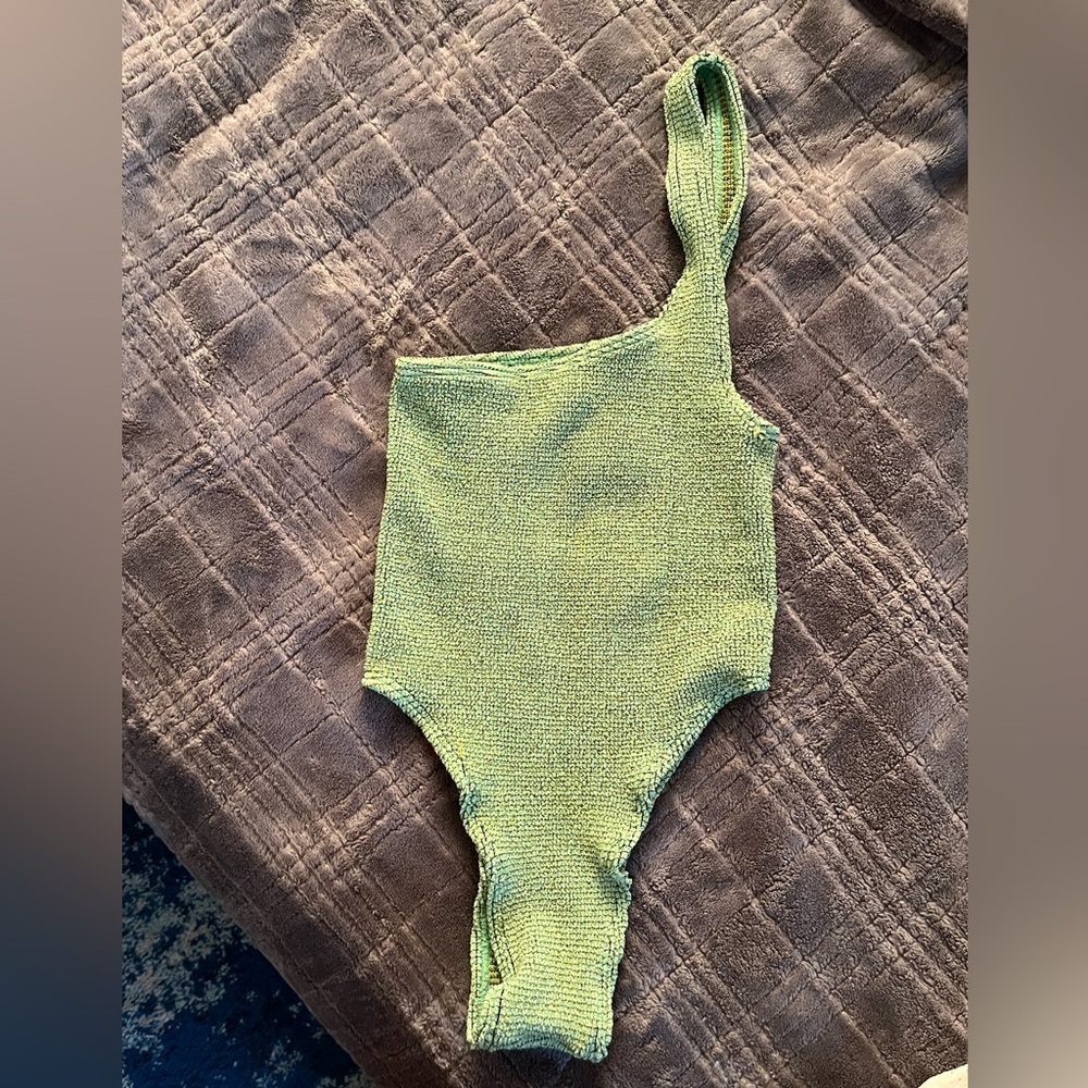 BOUND by BOND EYE  Australia one piece swimsuit green and gold off one shoulder